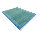 Handmade Green and Blue Geometric Cotton Rug For Sale