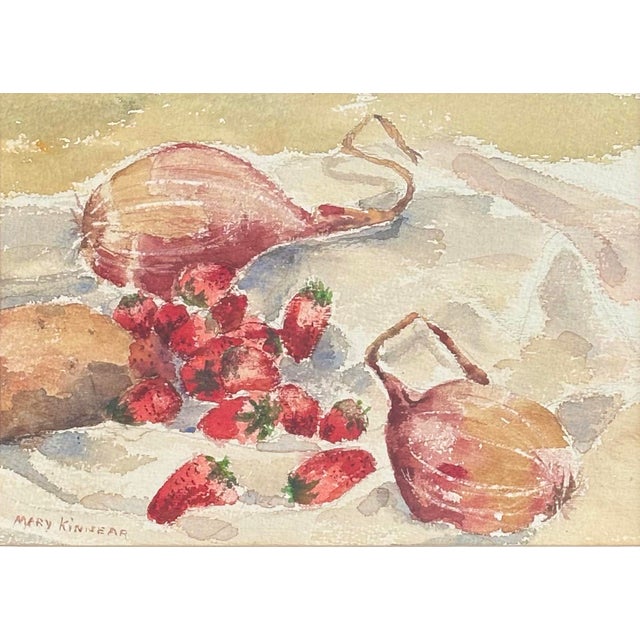 Delightful watercolor still life painting of bright red ripe strawberries and purple onions. Painterly style is loose and...