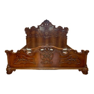 Late 19th Century Antique French Rococo Carved Walnut King Bed For Sale