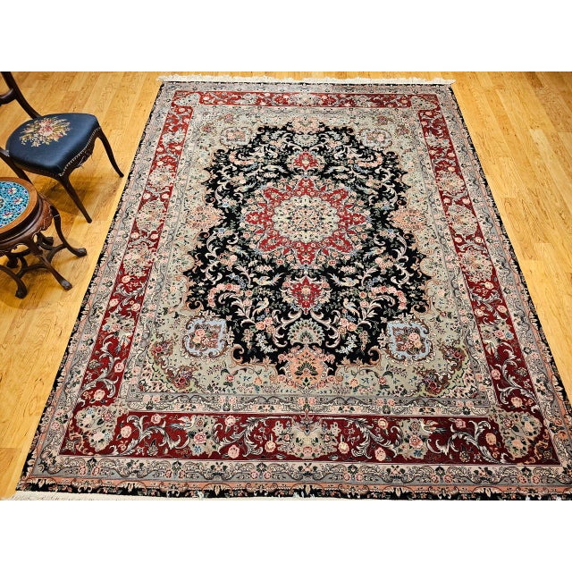 Vintage Persian Tabriz Rug, Hand-Knotted Wool & Silk, Floral Garden Pattern, Black & Red, 8x10 For Sale - Image 12 of 18