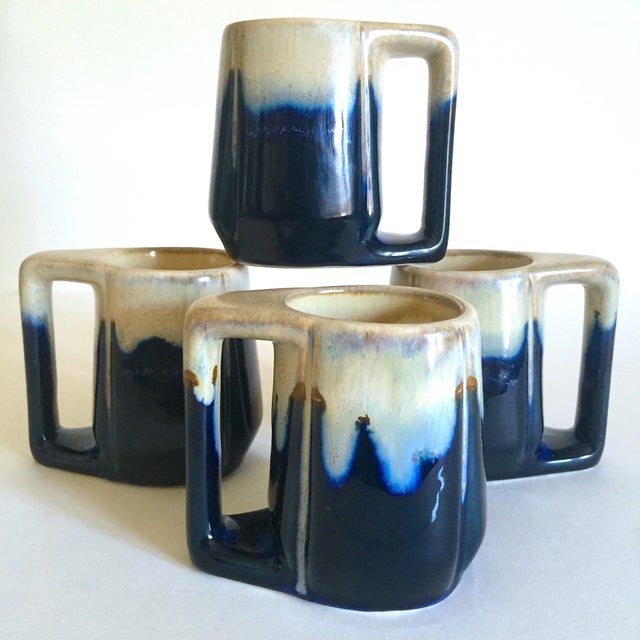Vintage Mid Century Organic Modern Indigo Blue Drip Glaze Ceramic