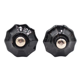 Pair of Vintage 1 In. Fluted Black Glass Cabinet Knobs For Sale