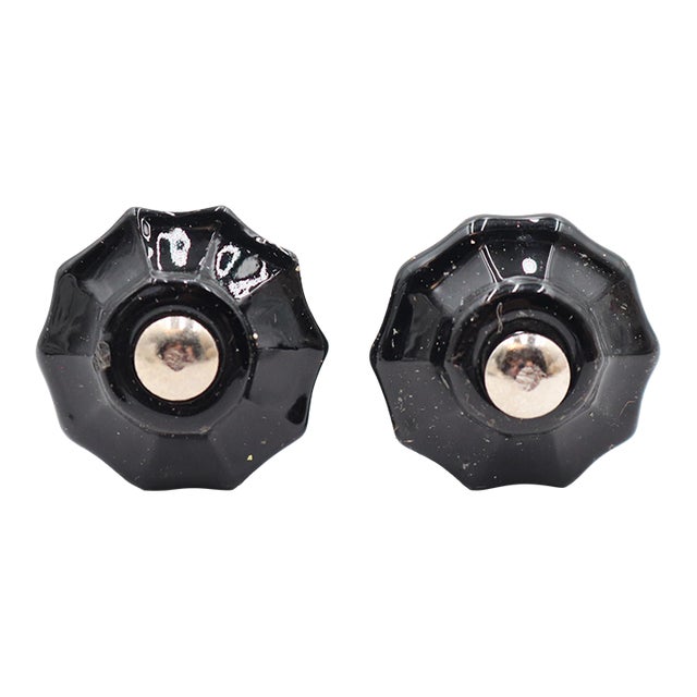 Pair of Vintage 1 In. Fluted Black Glass Cabinet Knobs For Sale