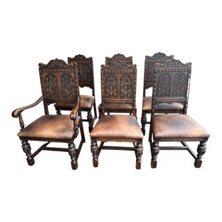 Antique Carved Oak Jacobean or Spanish Revival Dining Chairs With New Leather Upholstery - Set of 6 For Sale