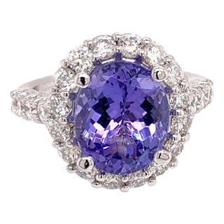 Tanzanite Diamond Ring 14k White Gold 5.30 TCW Certified For Sale