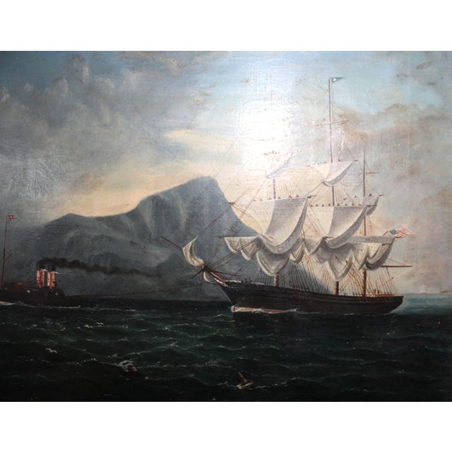 American Sailing Vessel Off Gibraltar, Early 20th Century, Oil Painting on Canvas, Framed For Sale - Image 3 of 11