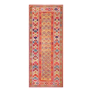 1880s Beige Salmon Geometric Tribal Antique Persian Kurdish Rug 4'0" X 9'4" Handknotted Wool Carpet For Sale