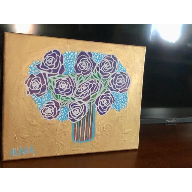 Original Painting on Canvas by CL Auker “Roses on Gold With Blue” For Sale - Image 6 of 9