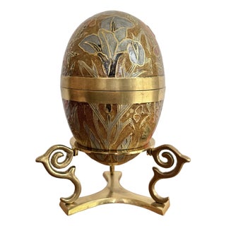 Large 1970s Brass and Enamel Floral Egg Box on Stand For Sale