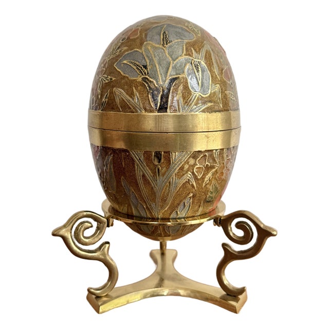 Large 1970s Brass and Enamel Floral Egg Box on Stand For Sale