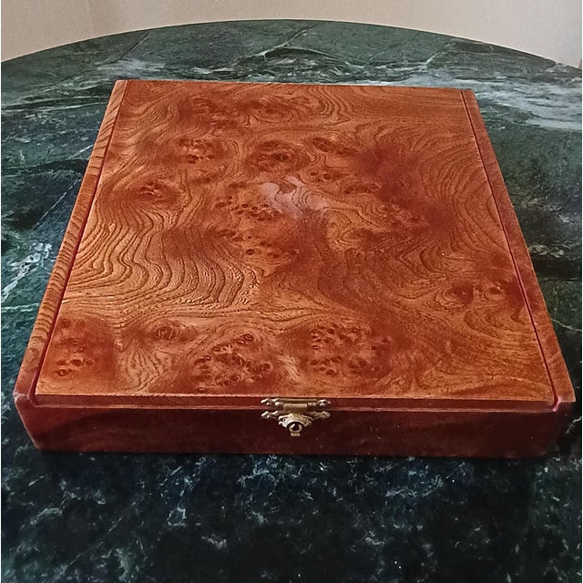Rare, antique French genuine burl wood, large lined decorative hinged box, circa 1950's. Magnificent representation of old...
