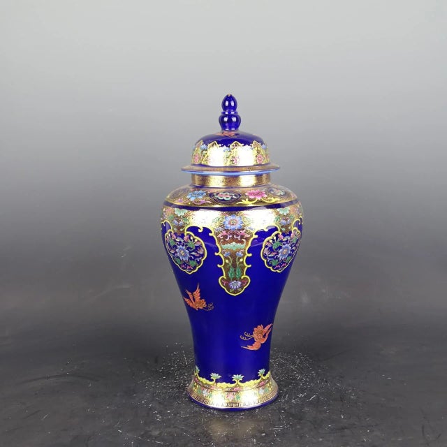 Ceramic Chinese Vintage Ceramic Pot,Qing Dynasty Qianlong Marked Blue Ground Gold Color Enamel Porcelain Ginger Jar Hand Painted Flowers Pattern For Sale - Image 7 of 7