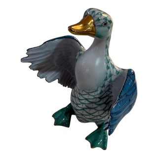 Herend First Edition Green Fishnet Goose With Open Wings – Model 15588 Style For Sale
