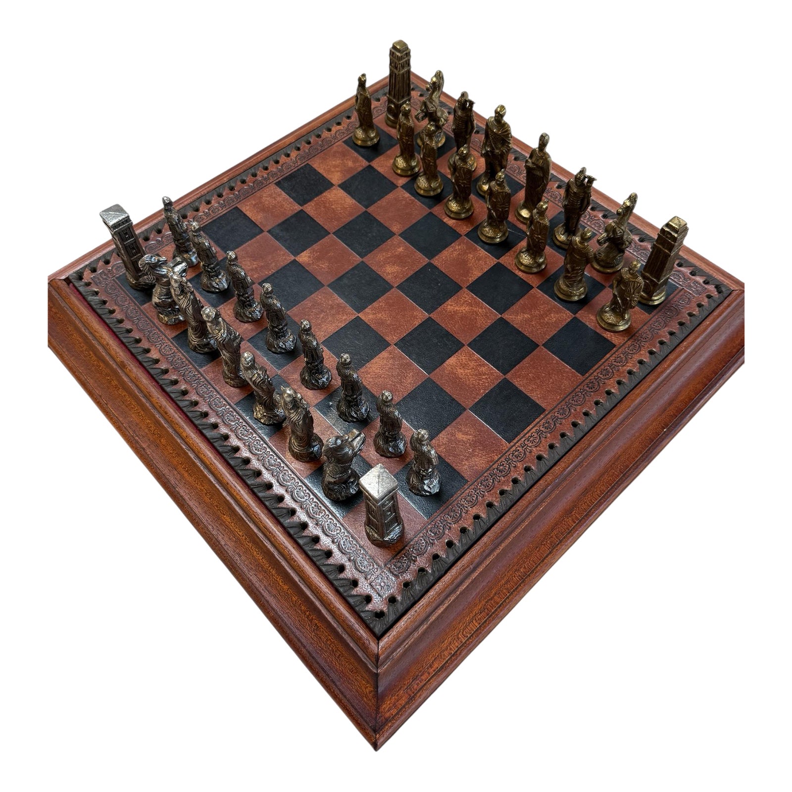 Italian Chess Set in Cast Metal on Carved Wooden Board, 1970s | Chairish