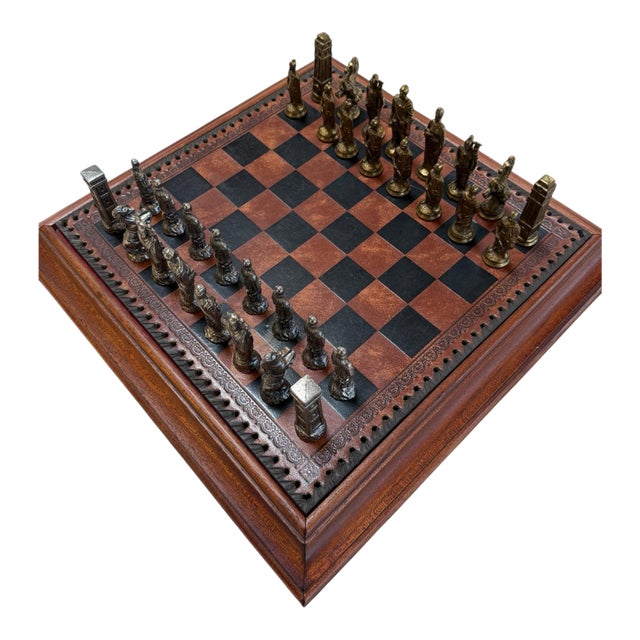 Italian Chess Set in Cast Metal on Carved Wooden Board, 1970s For Sale