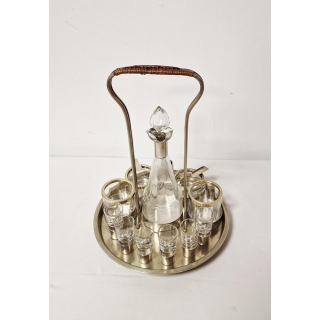 Art Deco Glass Liquor Set with Wicker Handle, 1920s, Set of 13 For Sale - Image 4 of 15
