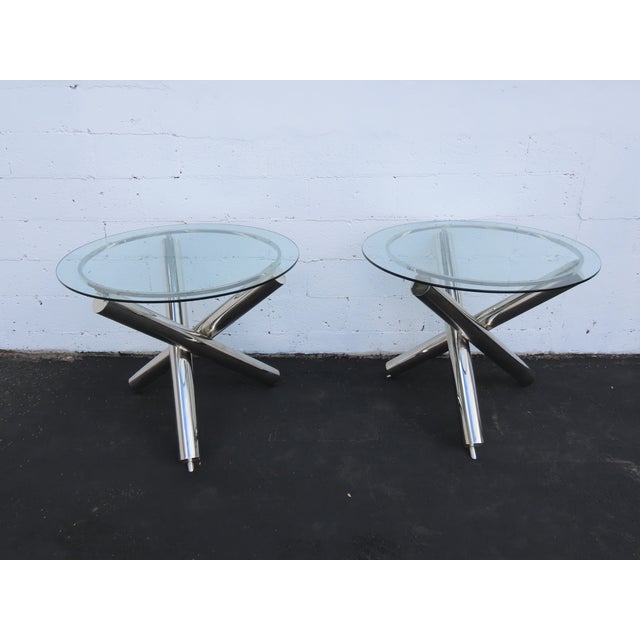 Milo Baughman Style Chrome Glass Top Jax Tables a Pair 6571 For Sale - Image 4 of 18