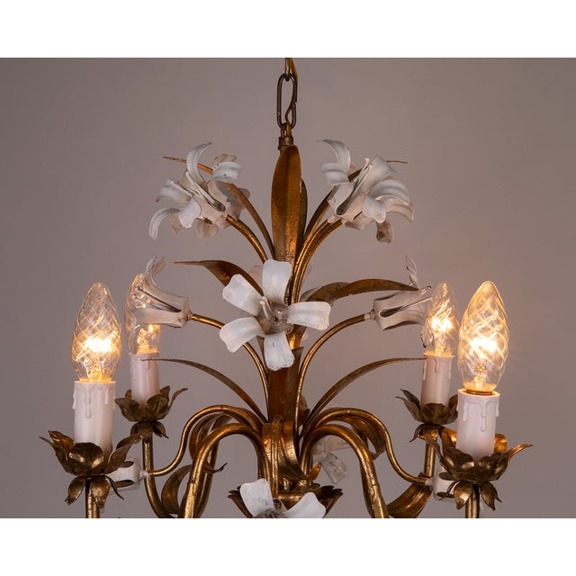Gilt Chandeliers with White Enamel Lily Flowers, 1950s For Sale - Image 6 of 8