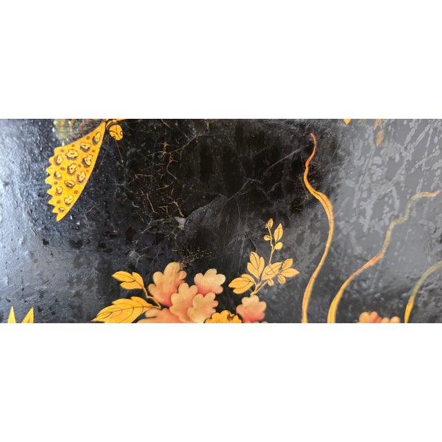 Antique Black Japanned Metal Tray With Gilt Floral and Butterfly Decoration For Sale - Image 4 of 4