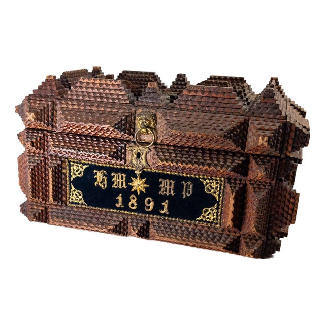 19th Century American Folk Art Tramp Art Casket Box With 1891 Date For Sale