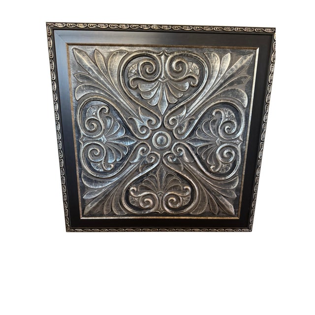 Spanish Revival Set of 3 Oversized 33” Black & Antique Gold Architectural Relief Wall Panels For Sale - Image 3 of 11