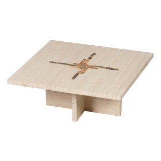 Coffee Table in Travertine with Marble and Brass Inlay by Paul Kingma, 1980 For Sale