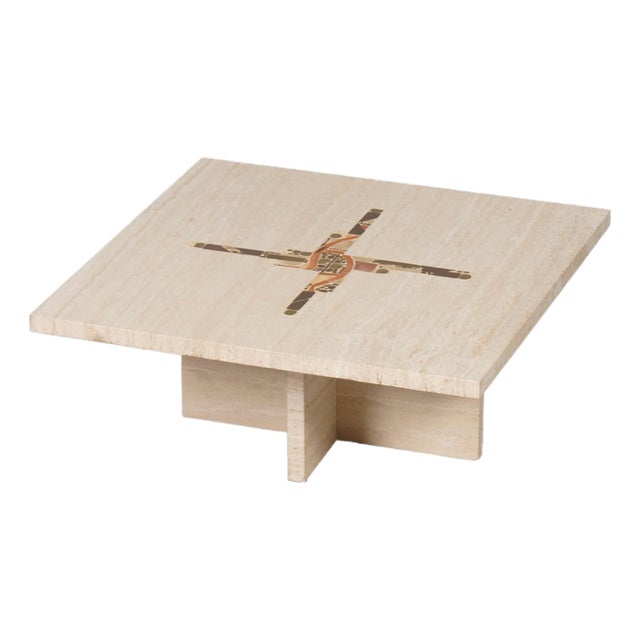 Coffee Table in Travertine with Marble and Brass Inlay by Paul Kingma, 1980 For Sale