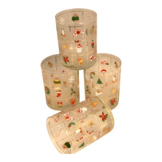 Vintage Culver Christmas Double Rock Lowball Cocktail Glasses Set of 4 For Sale