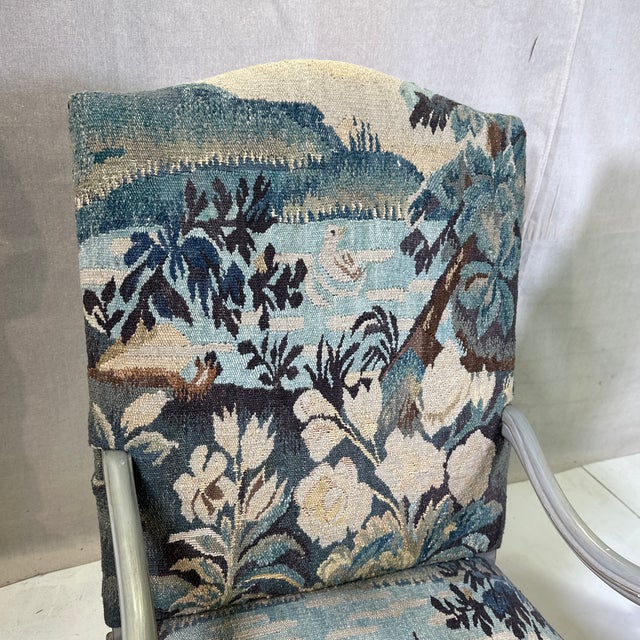 French Vintage Pair of Aubusson Needle Point French Style Arm Chairs in Painted Walnut Frames For Sale - Image 3 of 12