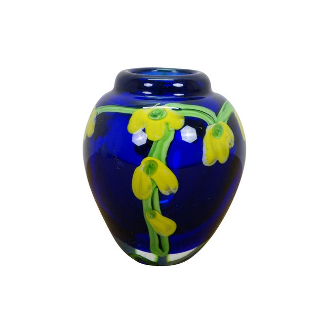 Vintage Italian Murano Laburnum cobalt blue glass bud vase / mantel urn / paperweight with yellow flowers. Dimensions:...