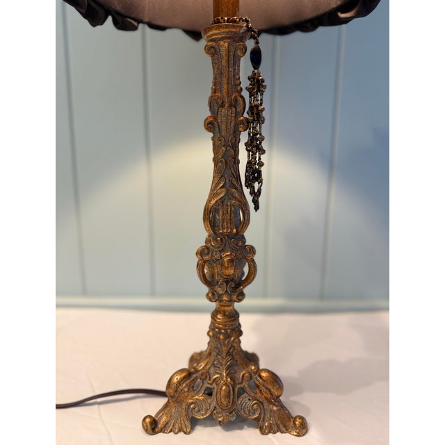 Vintage Carved Table Lamp With Decorative Beaded Detail & Shade For Sale - Image 4 of 12