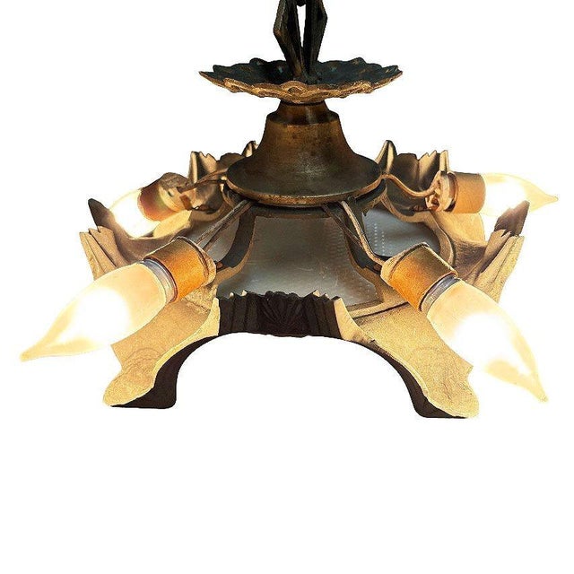 Art Deco 1920 Gemetric Art Deco Brass Five Light Circular Chandelier W Dome Light & Chain For Sale - Image 3 of 6