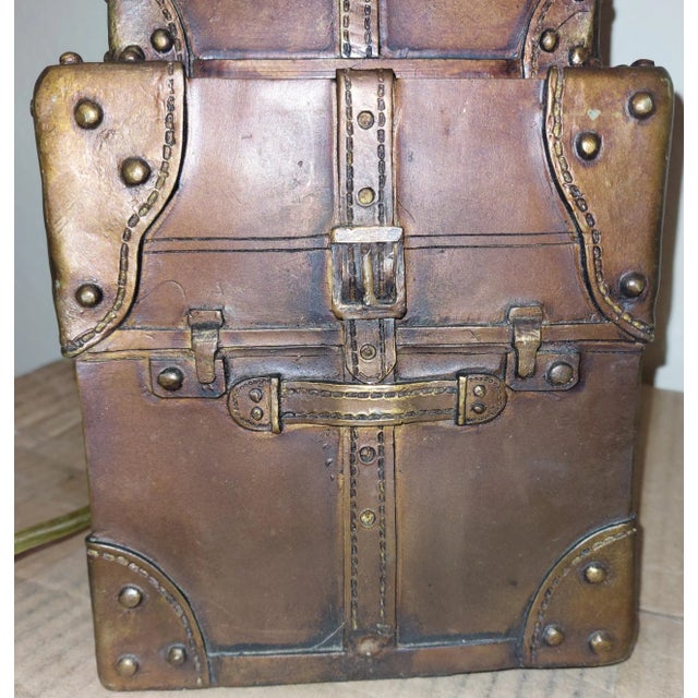 Metal 1980s Metal Table Lamps, Leather Stacked Steamer Travel Trunks with Harps and Finial - a Pair For Sale - Image 7 of 7