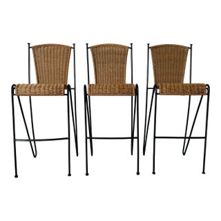 1970's Frederic Weinberg Style Rattan & Iron Bar Stools - Set of 3 For Sale