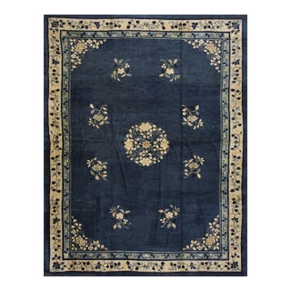 Classic Ivory Blue Color Antique Floral Medallion Pattern Chinese Peking Rug For Sale