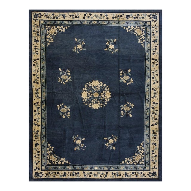 Classic Ivory Blue Color Antique Floral Medallion Pattern Chinese Peking Rug For Sale