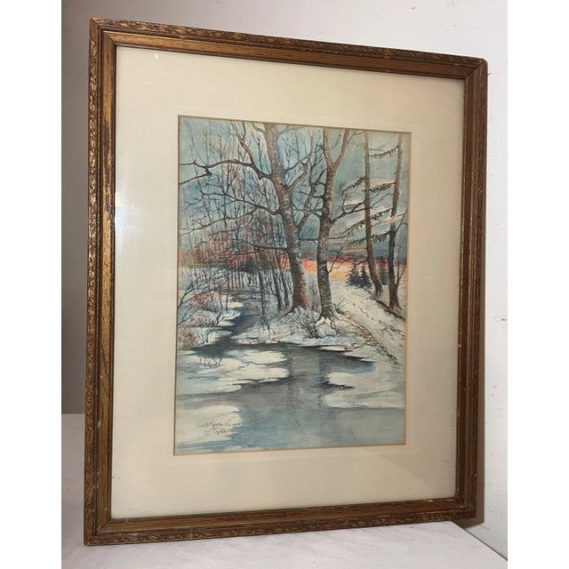 Antique Original 1921 Terwilliger Winter Forest Watercolor Gouache Painting For Sale In New York - Image 6 of 13