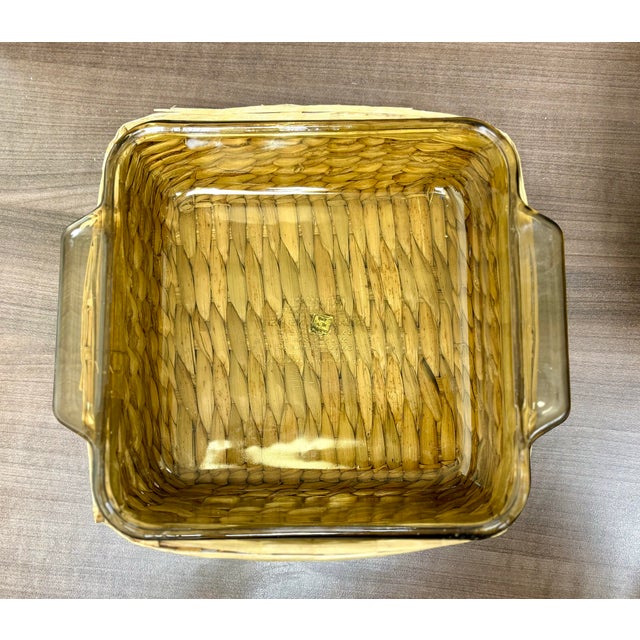 1970s Vintage Anchor Hocking Amber Glass Bakeware With Rattan Basket – 4 Piece Set – 1970s Glass Baking Dishes Casseroles For Sale - Image 5 of 12
