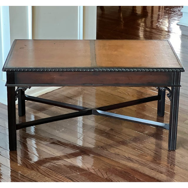 Imperial Furniture, Grand Rapids 1940s Mahogany Chippendale Style Coffee Table With Leather Top and Drawers by Imperial For Sale - Image 4 of 12