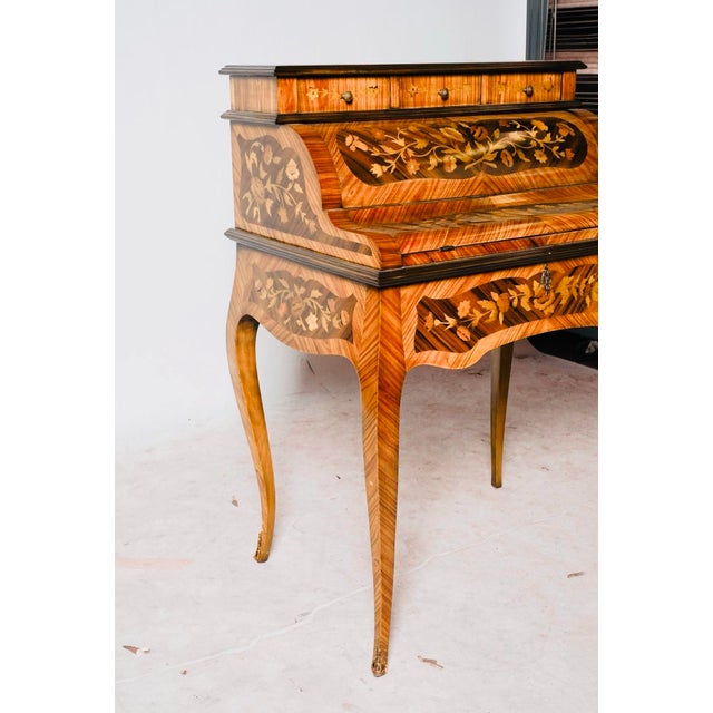 1970s Striking Italian Inlaid Tambour Secretary Desk / Petite Marquetry Writing Desk With Automatic Roll Top For Sale In Los Angeles - Image 6 of 9