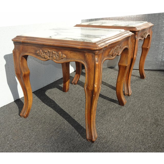 Pair of Vintage French Provincial White Marble Top End Tables ~ Nightstands For Sale In Los Angeles - Image 6 of 12