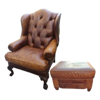 Vintage Zagaroli Chesterfield Hairy Claws Wingback Leather Chair & Ottoman For Sale