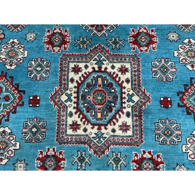 Textile Turquoise and Red Kazak Wool Area Rug With Tribal Motifs, 6'7" X 9'8" For Sale - Image 7 of 16