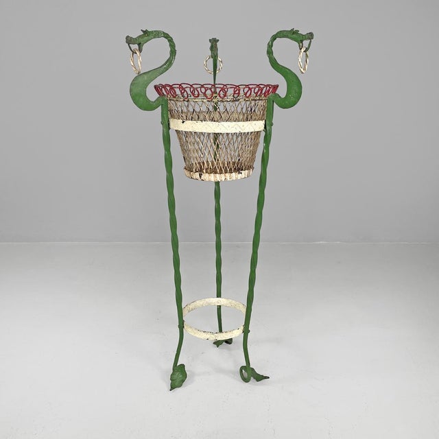 Italian Art Nouveau White Green Wrought Iron Vase Holders with Dragons, 1900s, Set of 2 For Sale - Image 4 of 18