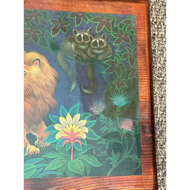 Brown Vintage 1970s Folk Art Handmade Lion Print on Lacquered Wood For Sale - Image 8 of 10