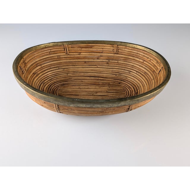 Mid-Century Italian Rattan and Brass Oval Centerpiece Bowl, 1970s For Sale - Image 9 of 12