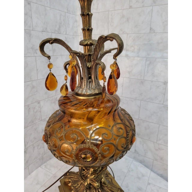 Gold Hollywood Regency Dopamine Decor Table Lamp Gold Art Glass Cherub Base Crystal Prisms For Sale - Image 8 of 8