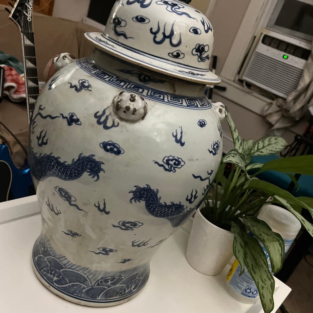 Large Blue & White Porcelain Dragon Temple Jar With Foo Dog Lid For Sale - Image 10 of 12
