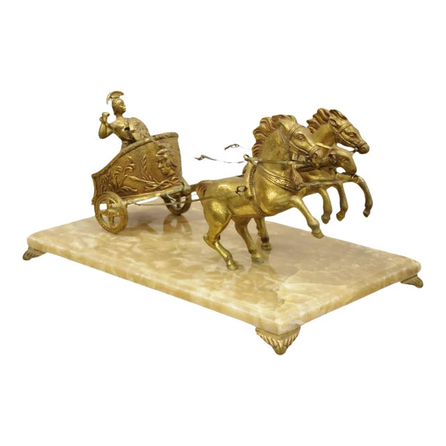 Mid 20th Century Vintage Gold Gilt Metal Roman Horse Drawn Chariot Sculpture on Marble Base For Sale