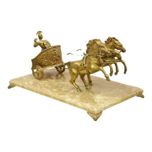 Mid 20th Century Vintage Gold Gilt Metal Roman Horse Drawn Chariot Sculpture on Marble Base